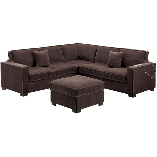 4 Piece Sectional Set With USB Ports, Left Arm Facing / Right Arm Facing Loveseat, Corner Wedge, Cocktail Ottoman, 2 Pillows - Chocolate Home Essentials