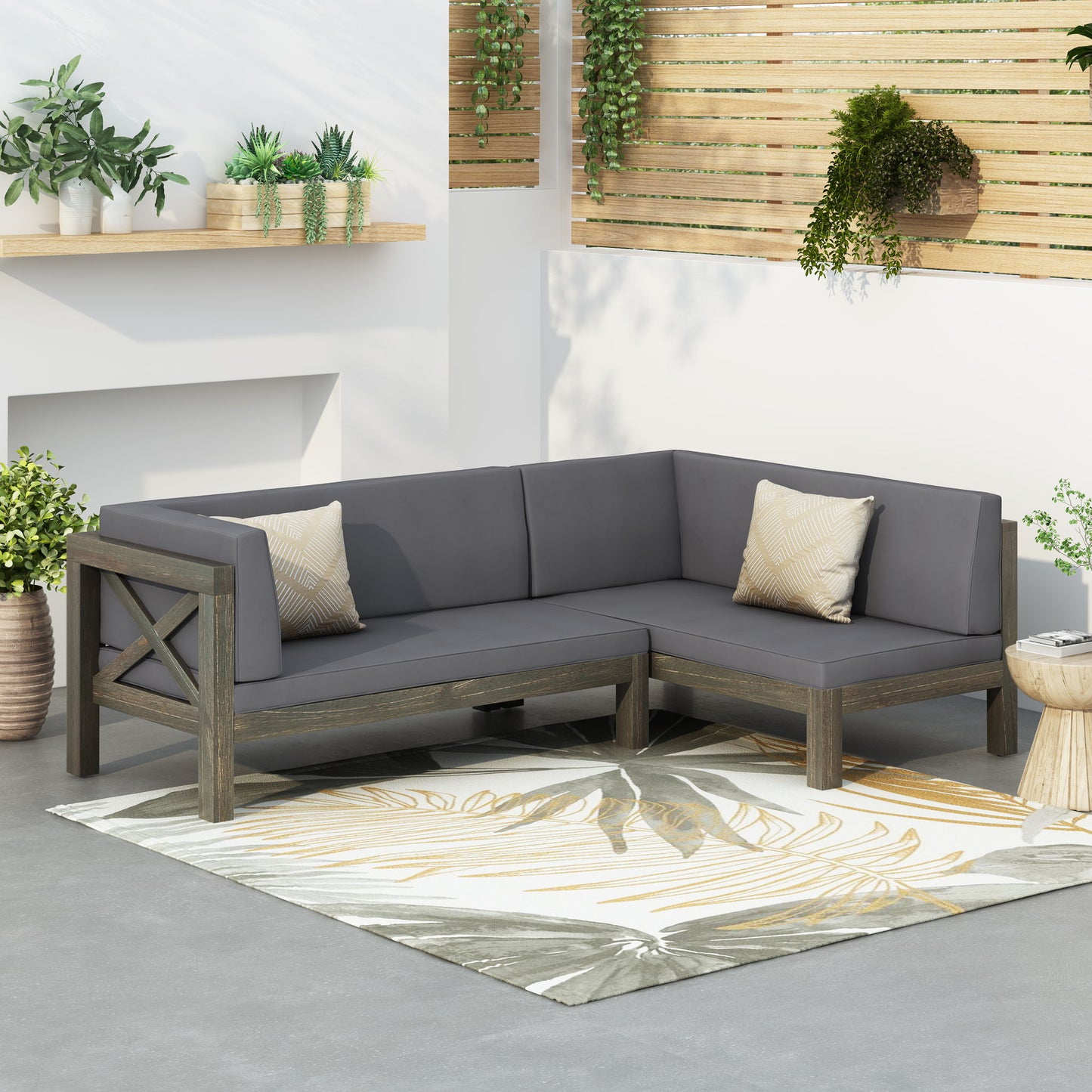 Aura - 2 Piece Outdoor Set With X Back Left Bench And Corner - Dark Gray Noble House