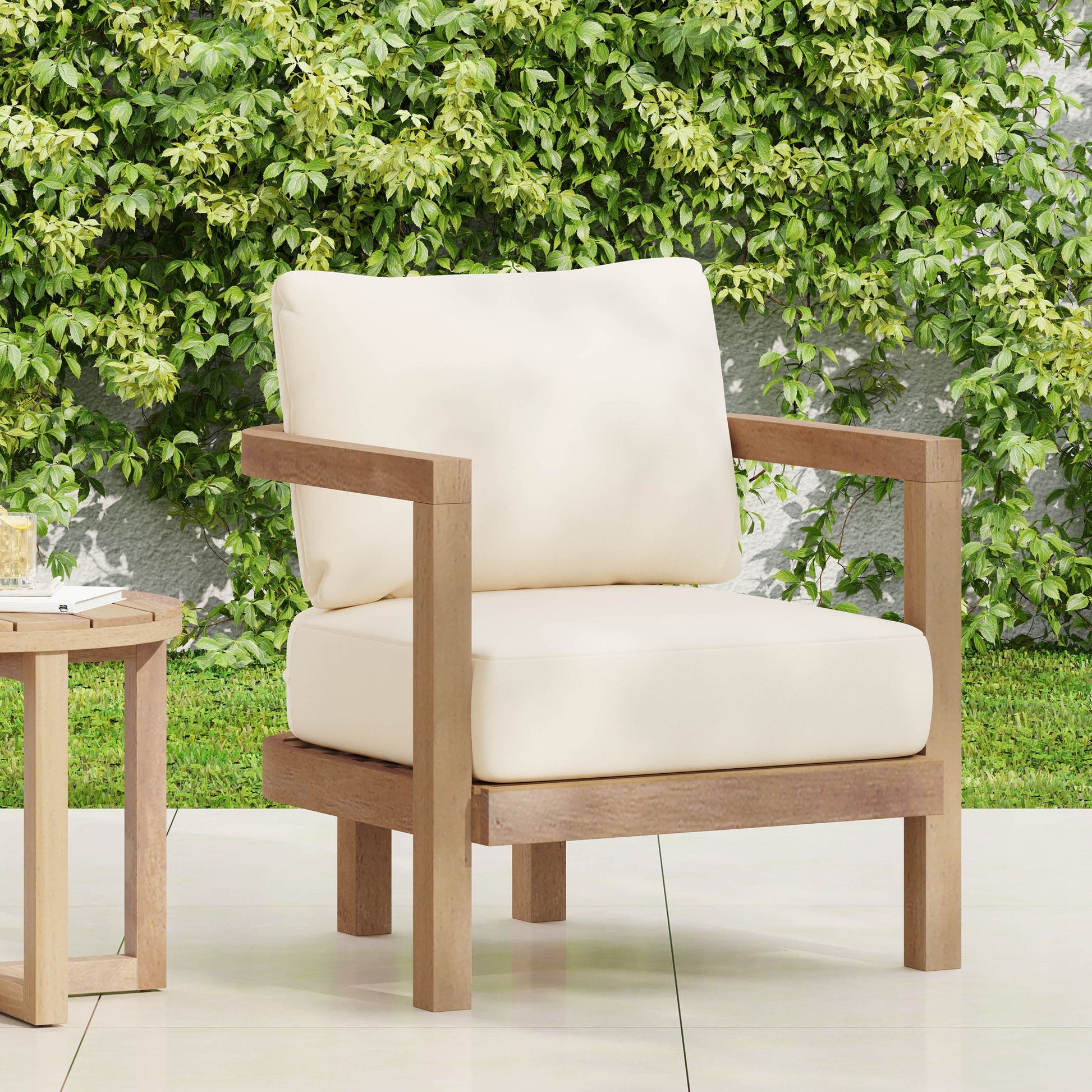 Outdoor Acacia Wood Patio Club Chair, Waterproof Thick Cushion, Deep Seating Noble House