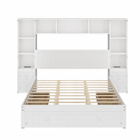 Platform Bed With All In One 2 Nightstand, Storage Shelf And Cabinet Bookcase With 2 Charging Stations Hearth and Haven