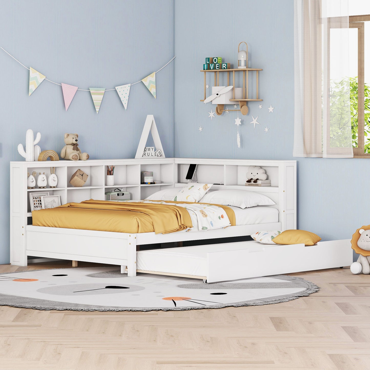 Wooden Full Size Daybed With Twin Size Trundle, Daybed With Storage Shelf And USB Charging Ports - White