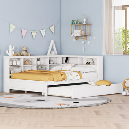 Wooden Full Size Daybed With Twin Size Trundle, Daybed With Storage Shelf And USB Charging Ports - White