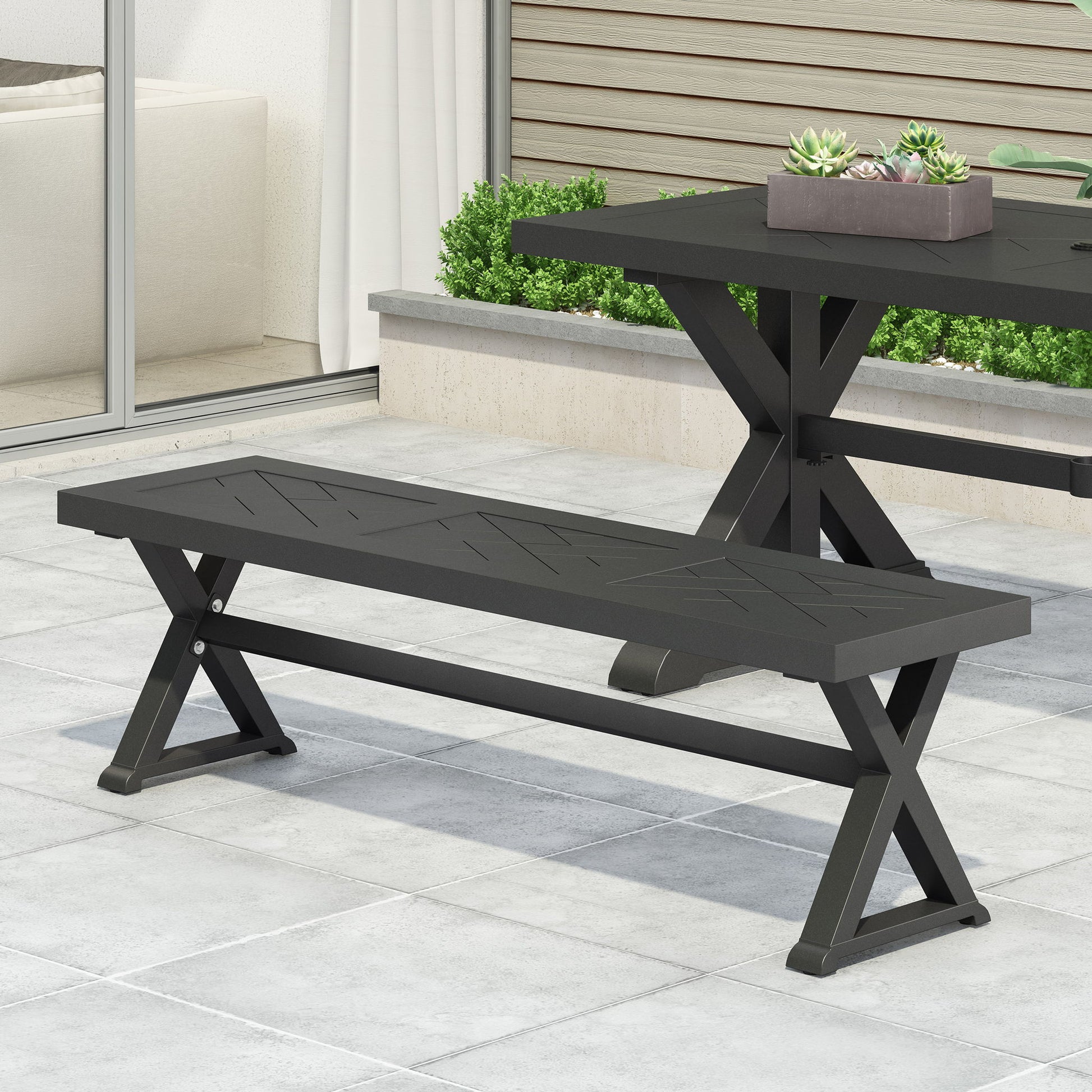 Modern Aluminum Outdoor Dining Bench With X Base Noble House