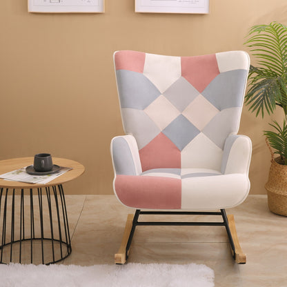 Accent Rocking Chair, Mid-Century Fabric Rocker Chair With Wood Legs And Patchwork Linen For Livingroom Bedroom