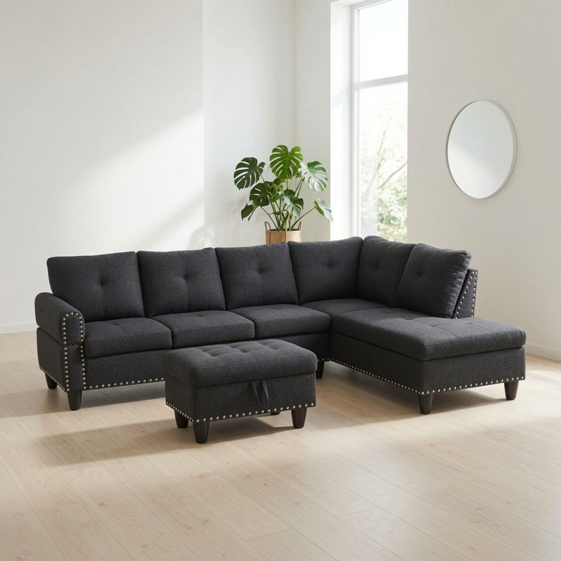 L - Shaped 3 Piece Sectional Sofa With Chaise, Storage Ottoman & Cup Holders Home Essentials