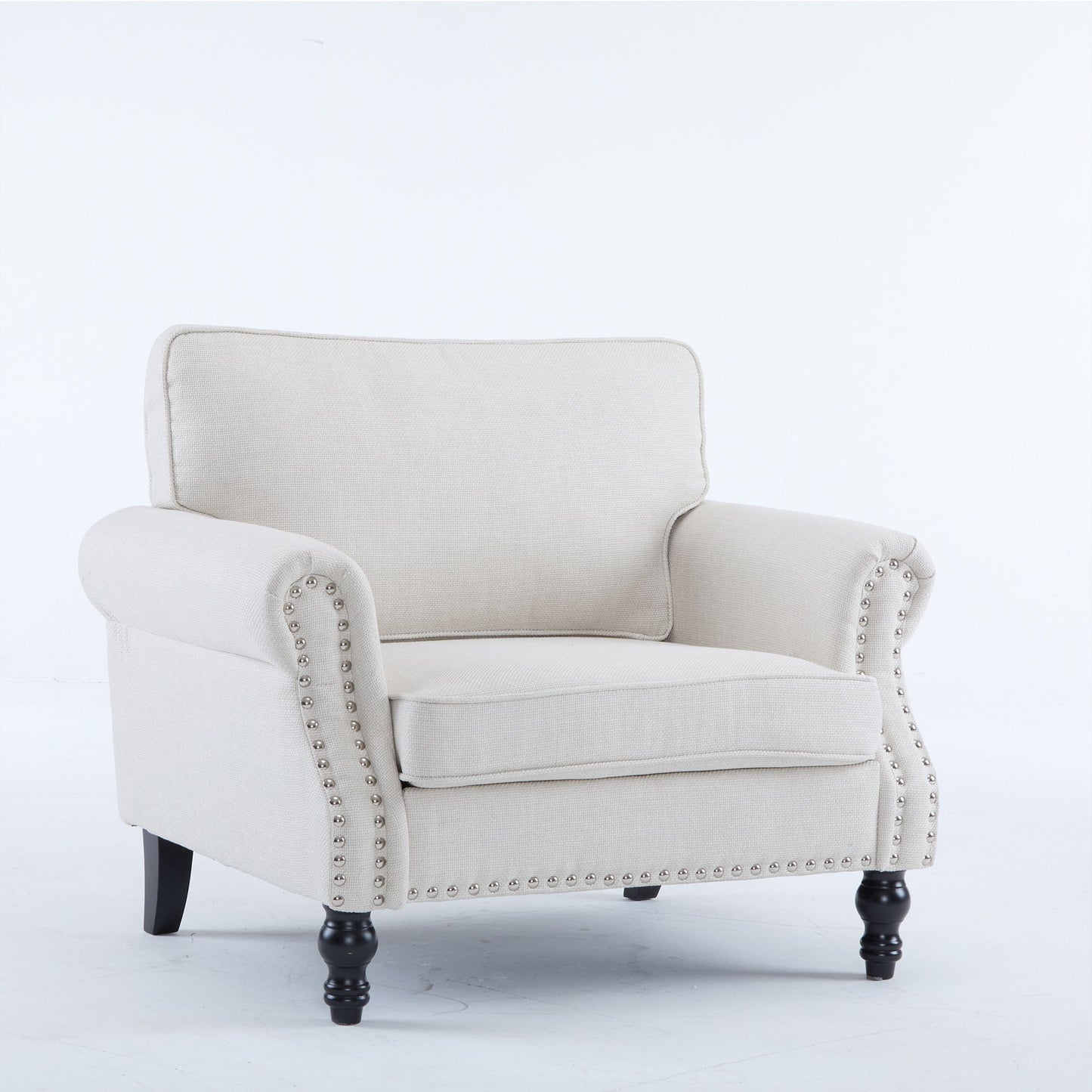Rolled Arm Sofa With Nailhead Trim, 1 Seater Upholstered Couch With Wooden Legs Home Essentials