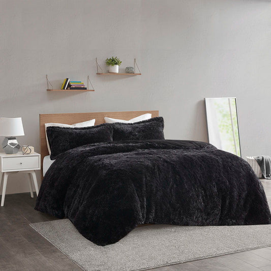 Malea - King Shaggy Duvet Cover Set - Black