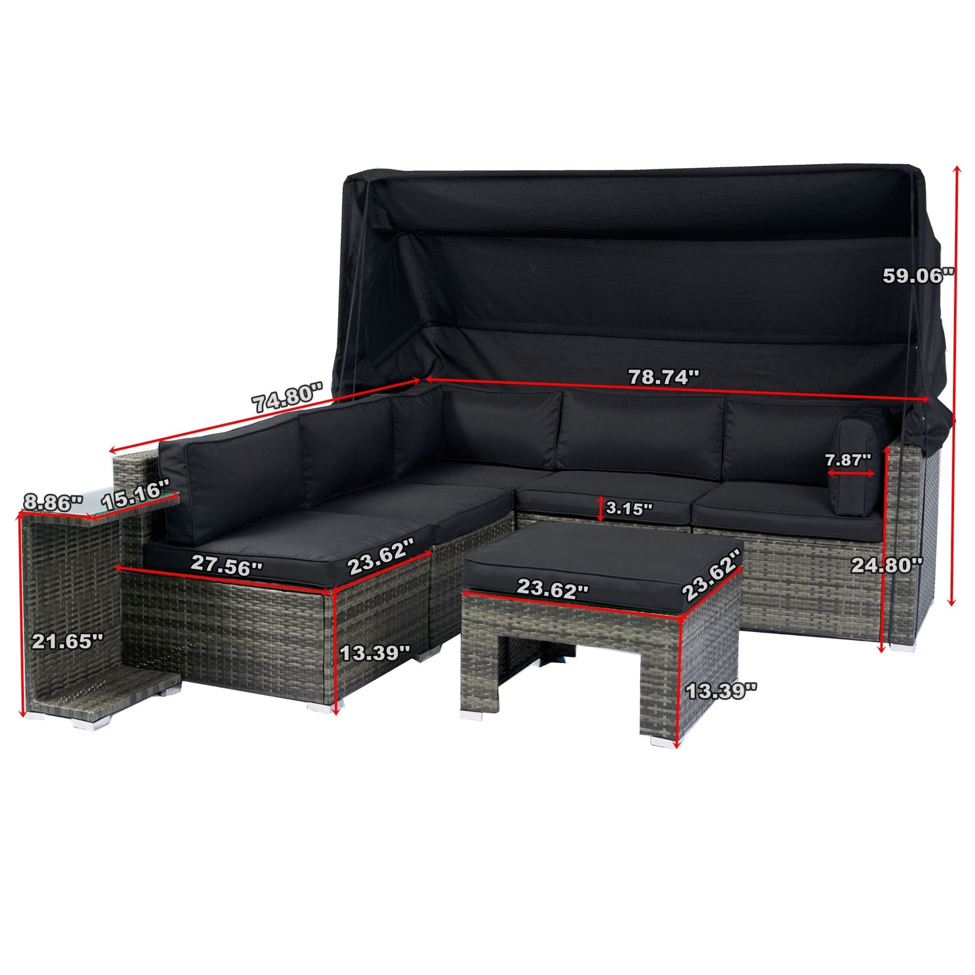 7 Piece Patio Furniture Set With Retractable Canopy Wicker Rattan Sectional Sofa Set Patio Furniture With Washable Cushions For Lawn, Garden, Backyard, Poolside Wicker And Cushion - Gray / Black Home Essentials