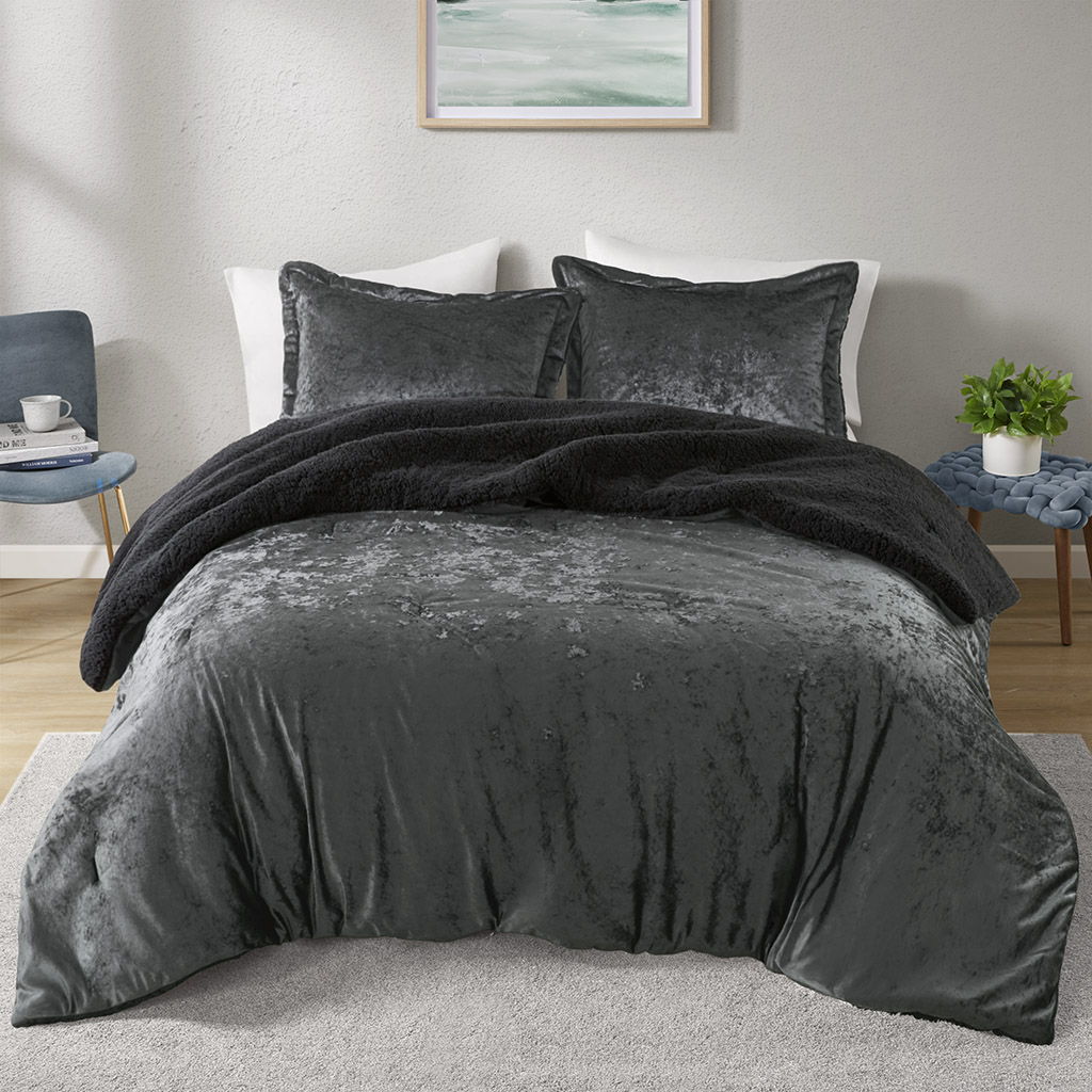 Mira - 2 Piece Twin/Twin Long Crushed Velvet Sherpa Reversible Comforter Set - Charcoal Intelligent Design