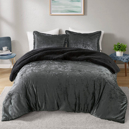 Mira - 3 Piece King/California King Crushed Velvet Sherpa Reversible Comforter Set - Charcoal Intelligent Design