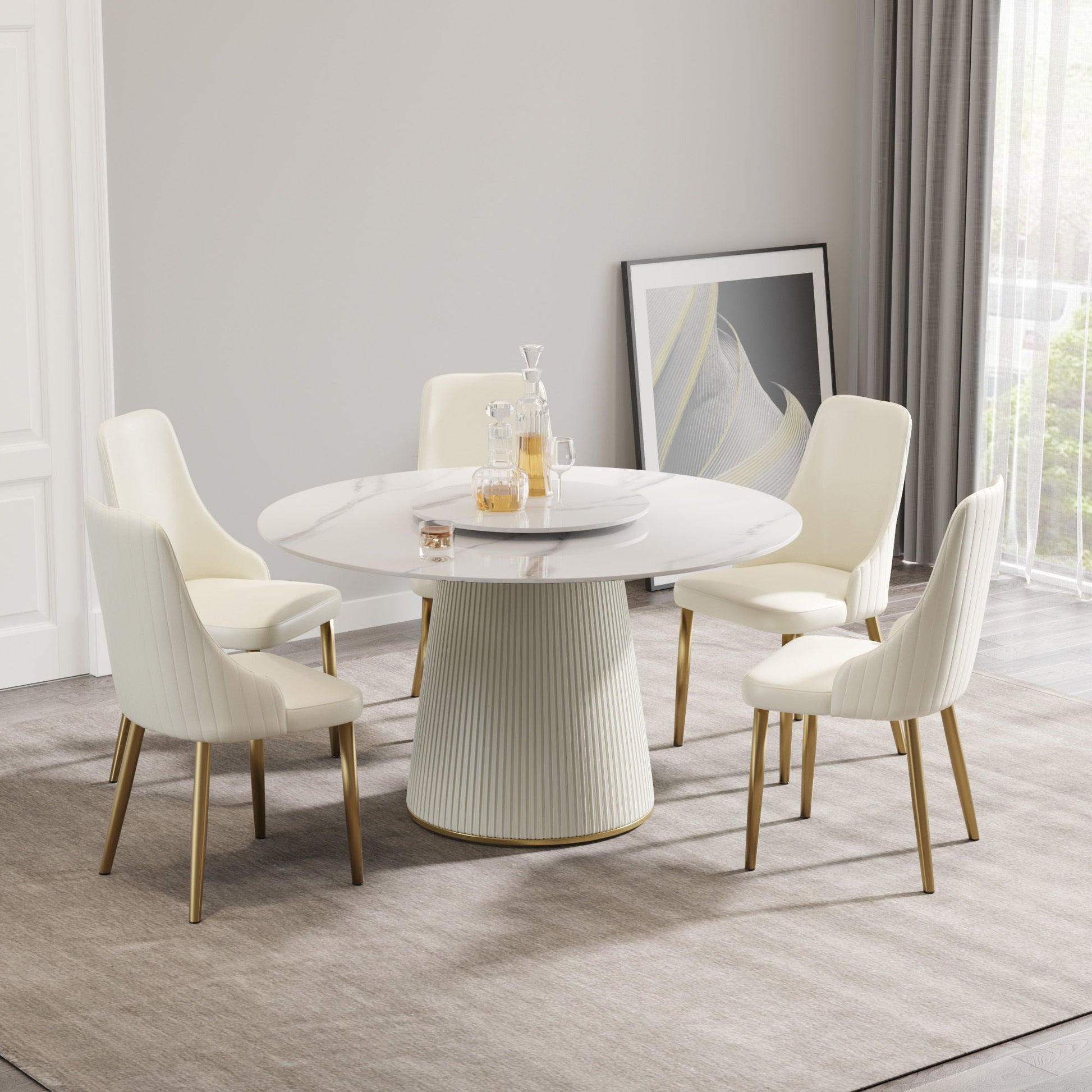 Modern Artificial Stone Round Plywood Base Dining Table, Can Accommodate 6 People, Artificial Stone Turntable (Not Including Chairs) - White / Beige Home Essentials