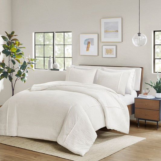 Apollo - 3 Piece Striped Seersucker Oversized Duvet Cover Set - Ivory