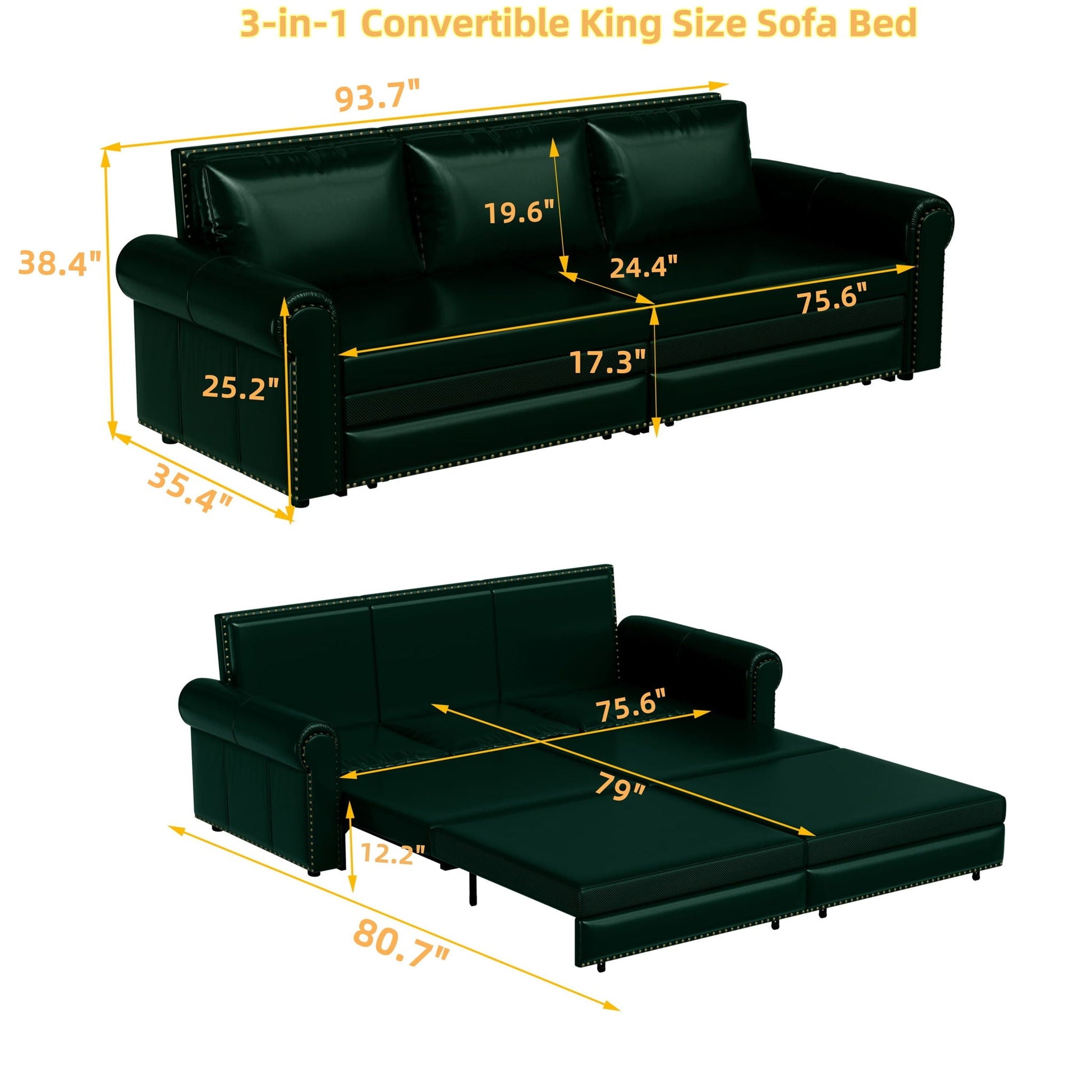 3 In 1 Convertible Sleeper Sofa With Nailhead Trim & Rolled Arm Home Essentials