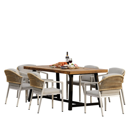 Outdoor Dining Set Acacia Wood Table With 6 Rattan Iron Chairs - Black / Natural / Gray Noble House