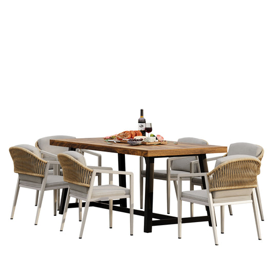 Outdoor Dining Set Acacia Wood Table With 6 Rattan Iron Chairs - Black / Natural / Gray Noble House