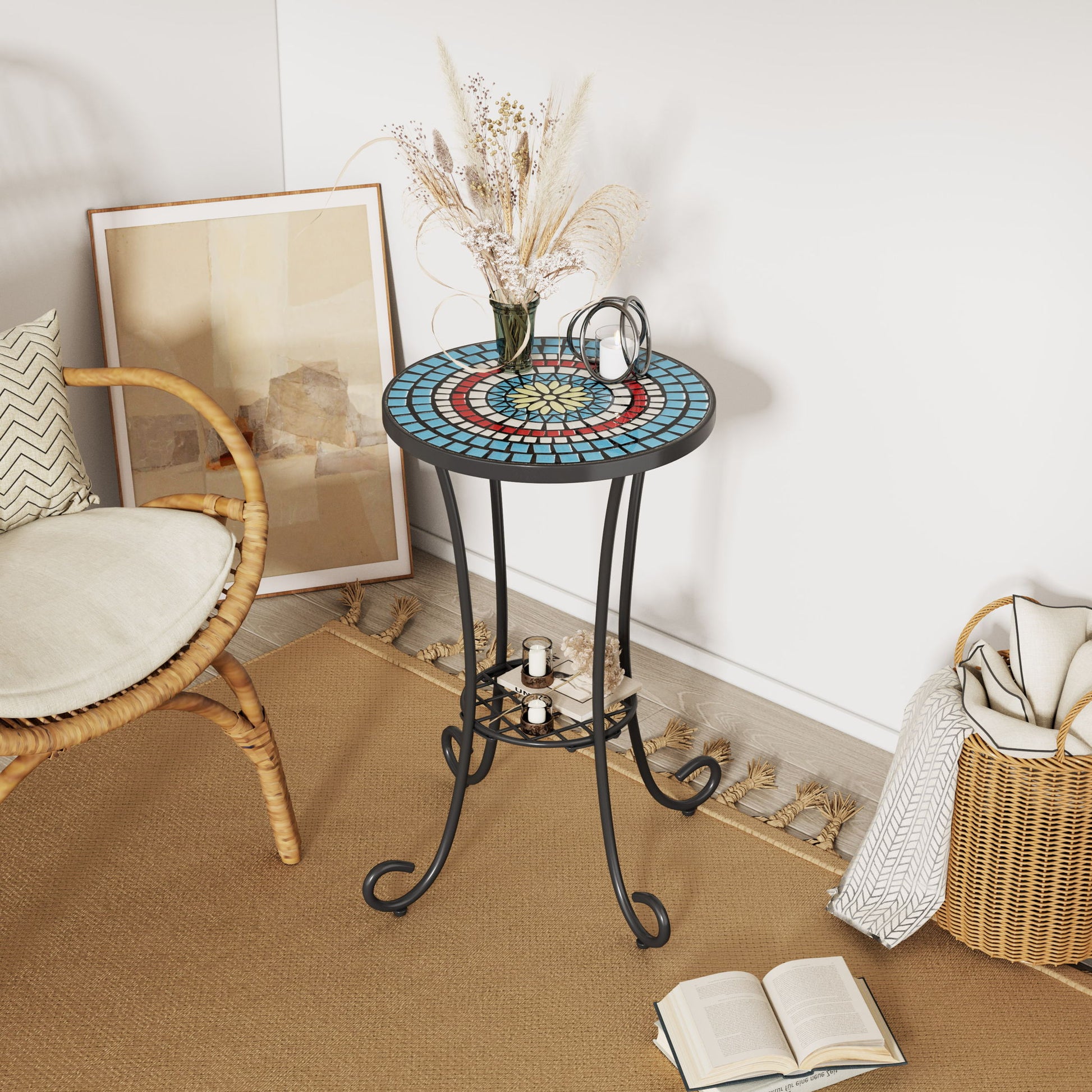 Ceramic Tile And Iron Patio Side Table With Shelf Noble House