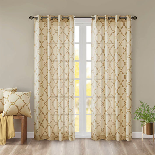 Saratoga - Fretwork Print Grommet Top Window Curtain - Beige / Gold Madison Park