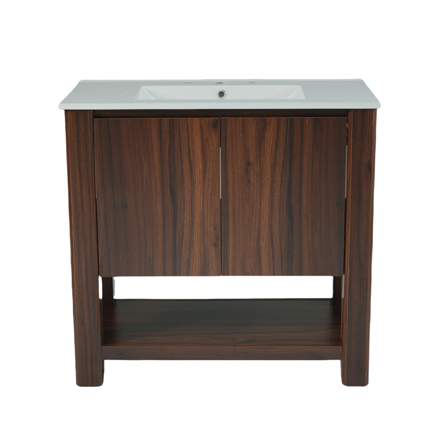 36" Modern Bathroom Vanity With Rectangle Ceramic Sink, Bathroom Cabinet And 45 Degrees Free Handle Design Soft Closing Doors, 1 Open Shelf At The Bottom - Dark Brown Noble House