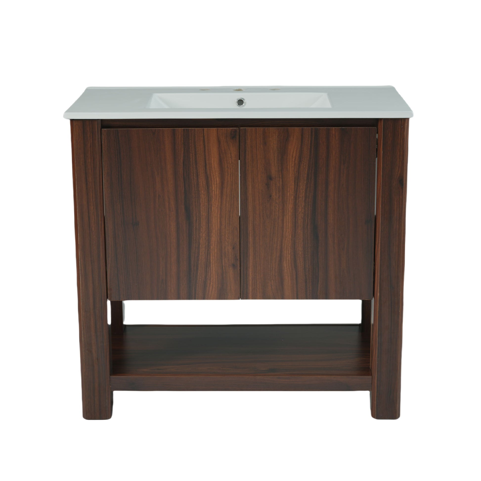 36" Modern Bathroom Vanity With Rectangle Ceramic Sink, Bathroom Cabinet And 45 Degrees Free Handle Design Soft Closing Doors, 1 Open Shelf At The Bottom - Dark Brown Noble House