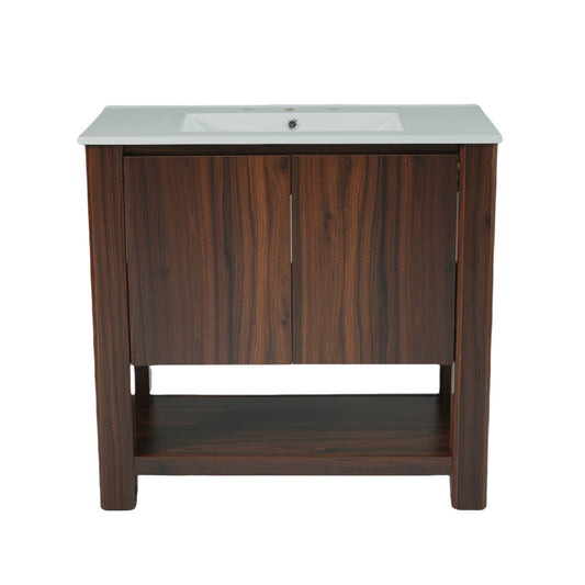 36" Modern Bathroom Vanity With Rectangle Ceramic Sink, Bathroom Cabinet And 45 Degrees Free Handle Design Soft Closing Doors, 1 Open Shelf At The Bottom - Dark Brown Noble House