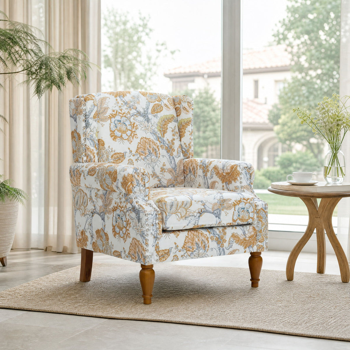 Accent Chair With Floral Upholstery And Nailhead Trim Home Essentials