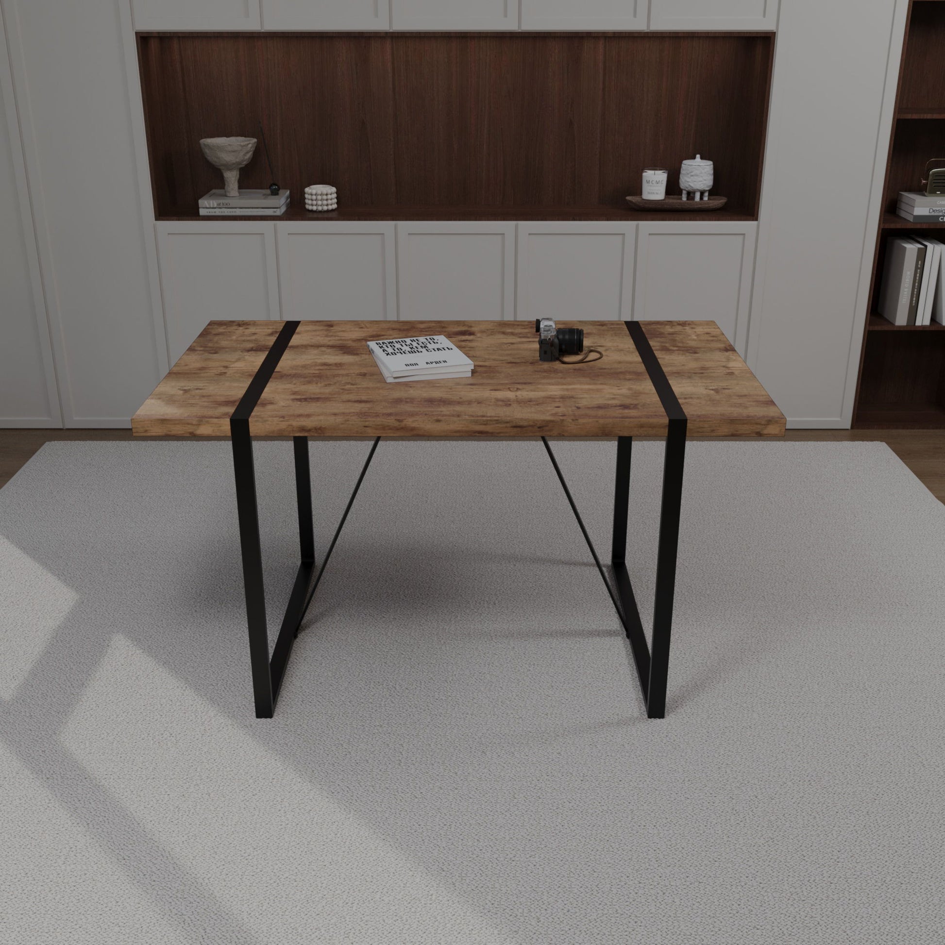 Modern Rural Industrial Dining Table, 55" Rectangular Wood With Metal Legs, Seats 4 - 6 - Wood Home Essentials