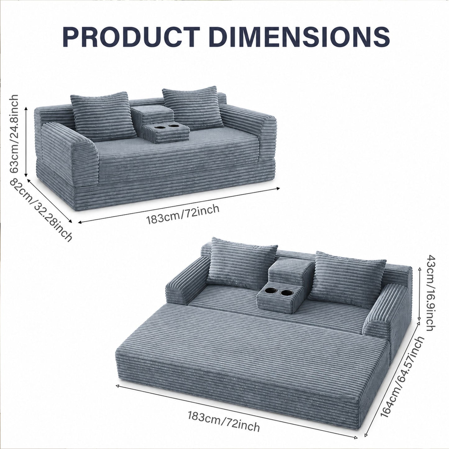 Soft Striped Convertible Sofa Bed, Dual Use Lounge Couch With Cup Holders And Pillows Home Essentials