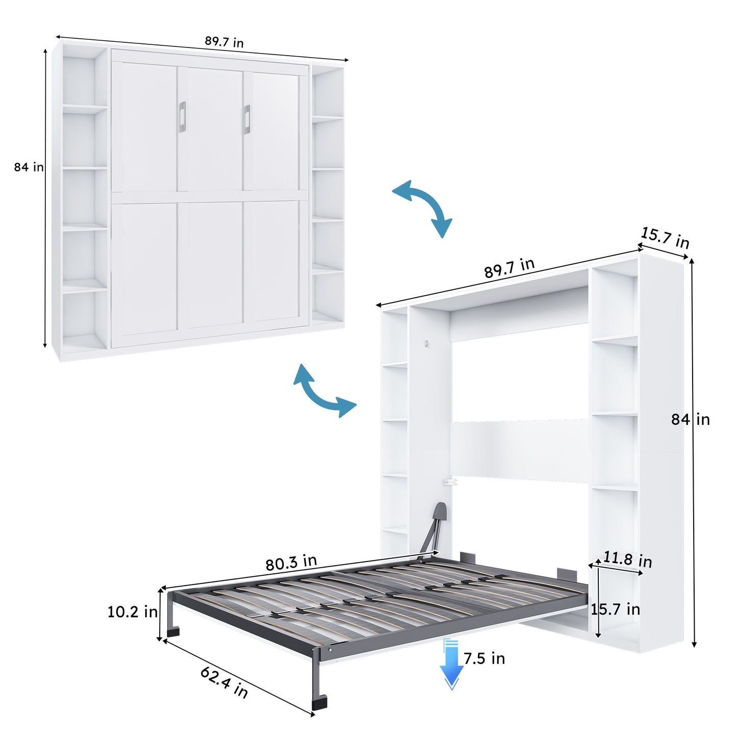 Queen Murphy Bed With Storage Cabinet - White Home Essentials