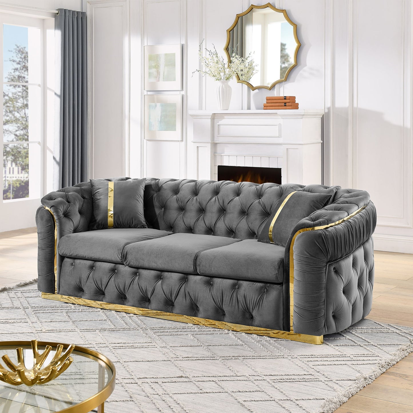 Button Tufted Couch With 2 Pillows, 3 Seater Luxury Chesterfield Sofa Home Essentials