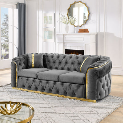 Button Tufted Couch With 2 Pillows, 3 Seater Luxury Chesterfield Sofa Home Essentials