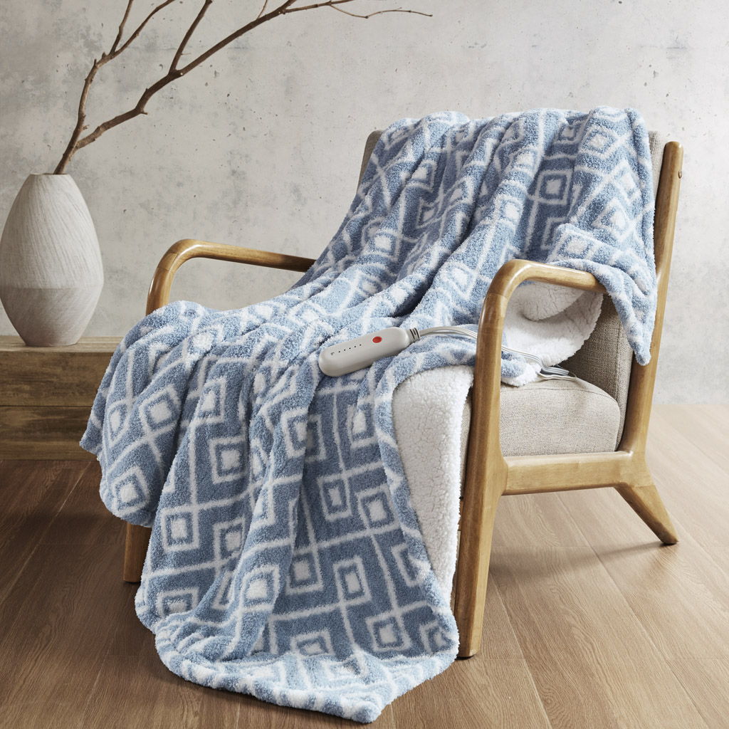 Amira - Dream Soft Heated Throw - Blue Geo Sharper Image