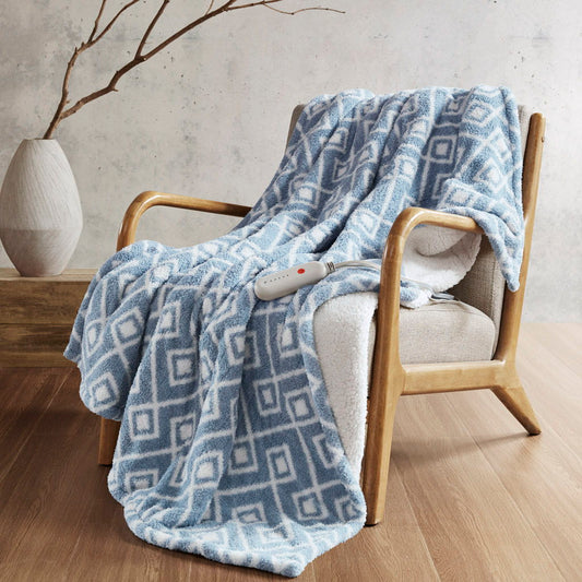 Amira - Dream Soft Heated Throw - Blue Geo Sharper Image