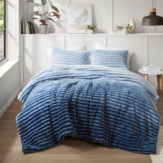 Avril - King/California King Fluffy Ribbed Plush Comforter Set - Blue Ombre Super Listing