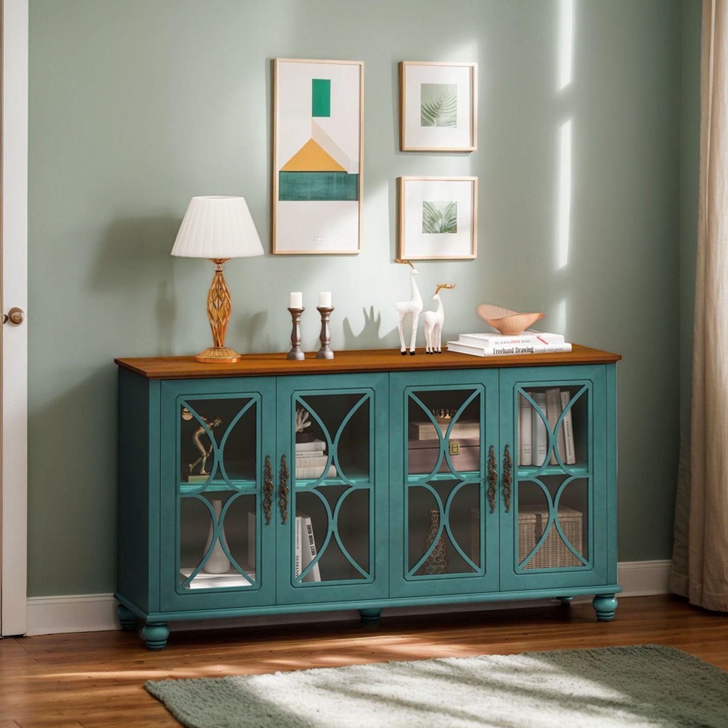 Elegant 4 Door Cabinet With Tempered Glass Doors Home Essentials