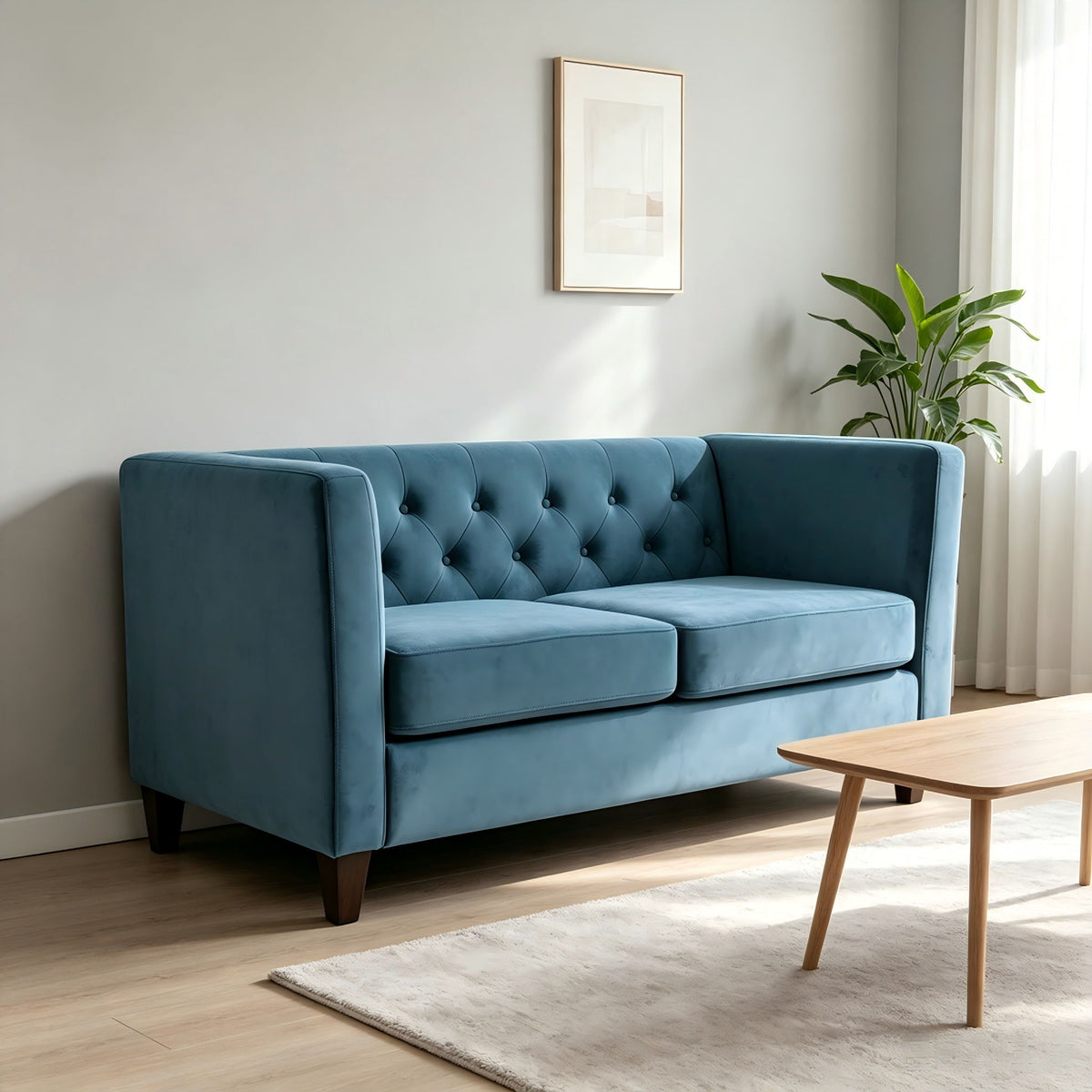 Button Tufted Velvet 3-Seater Sofa, Square Arm Upholstered Couch With Tapered Wood Legs, Mid-Century Tufted Large Sofa Furniture For Living Room U S Pride Furniture