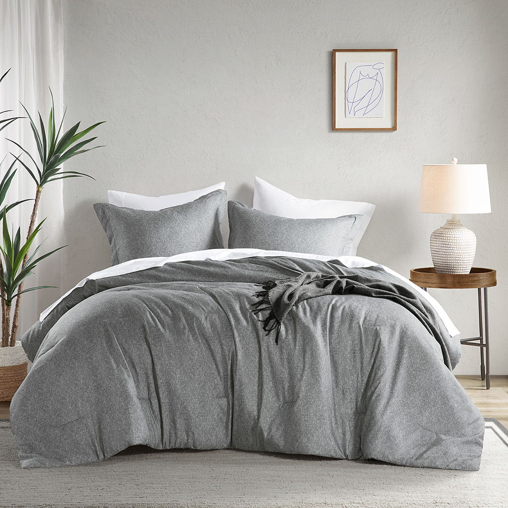 Camden - Full/Queen Chambray Print Solid Comforter Set - Gray Super Listing
