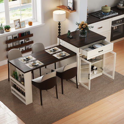 Extendable Kitchen Island With Slide Out Table And Storage Racks For 2 - 6 Person, Power Outlet, Bar, Prep Station - Creamy White / Walnut Home Essentials