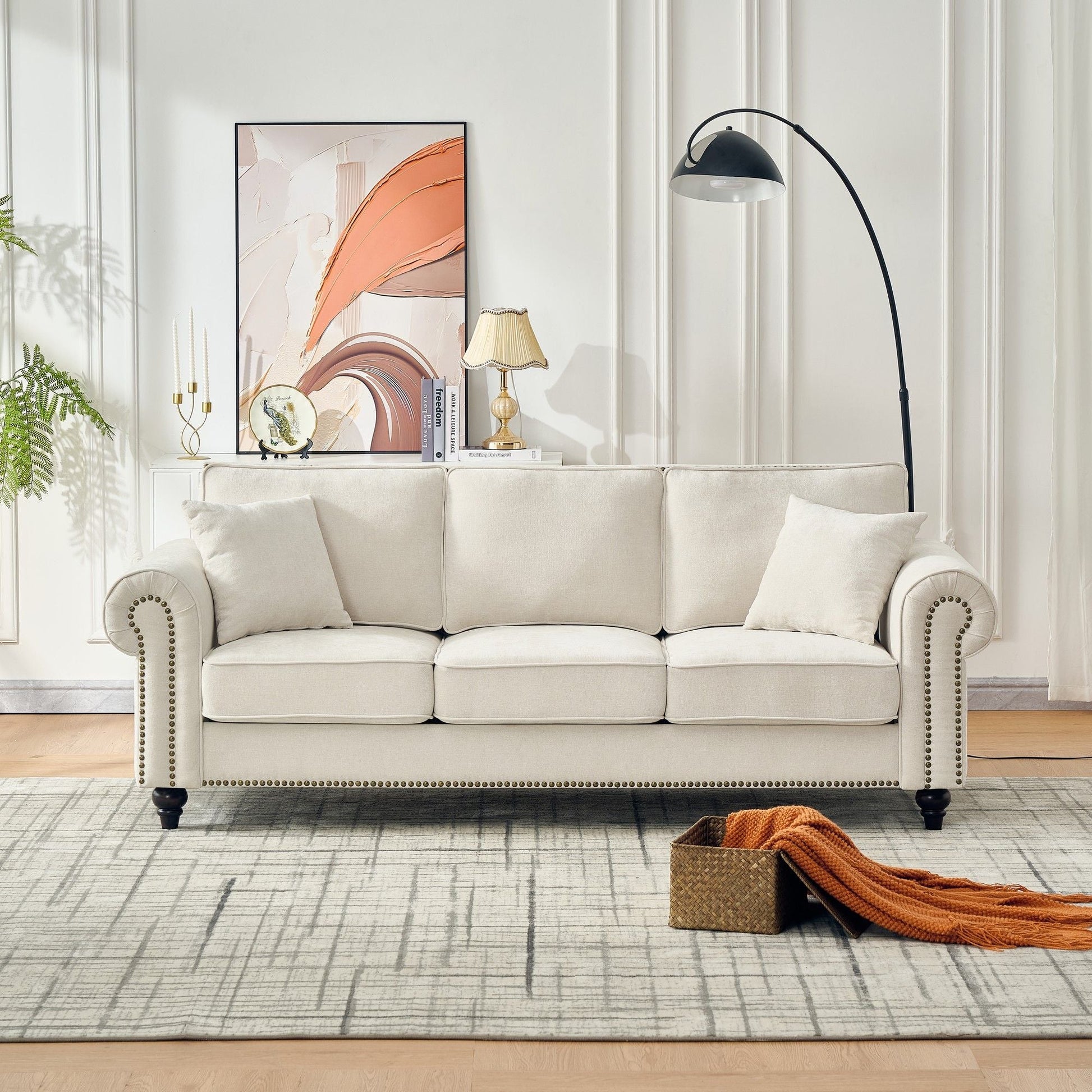 3 Seater Sofa With Tufted Upholstery, Rolled Arms, Nailhead Trim Home Essentials