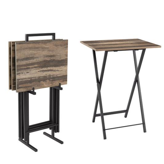 TV Trays For Eating (Set of 4) With Stand, Folding TV / Snack Tray Table Set, Folding TV Dinner Tables For Small Space - Rustic Brown Home Essentials