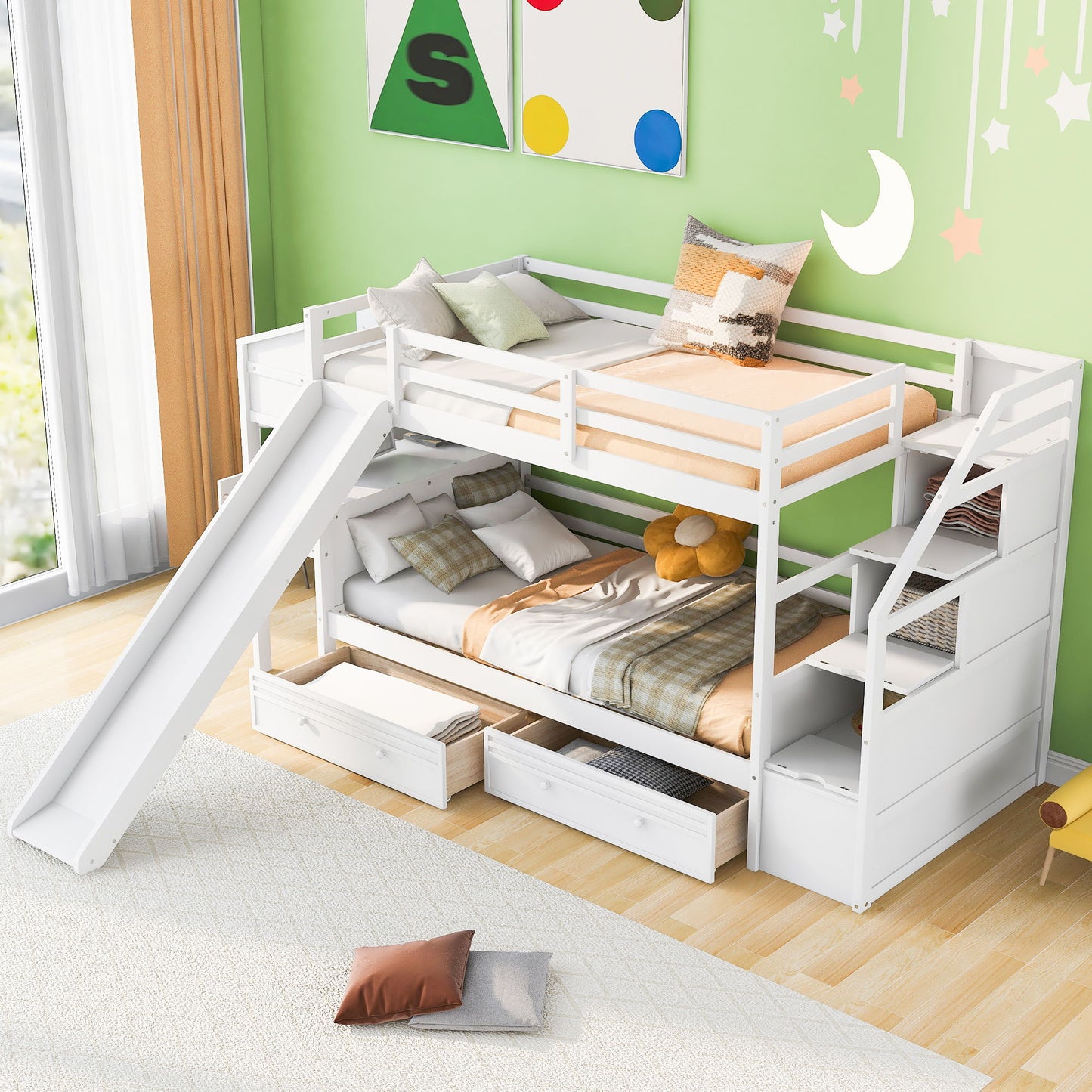 Bunk Bed With Storage Staircase, Slide, Desk, Drawers, And Shelves Hearth and Haven