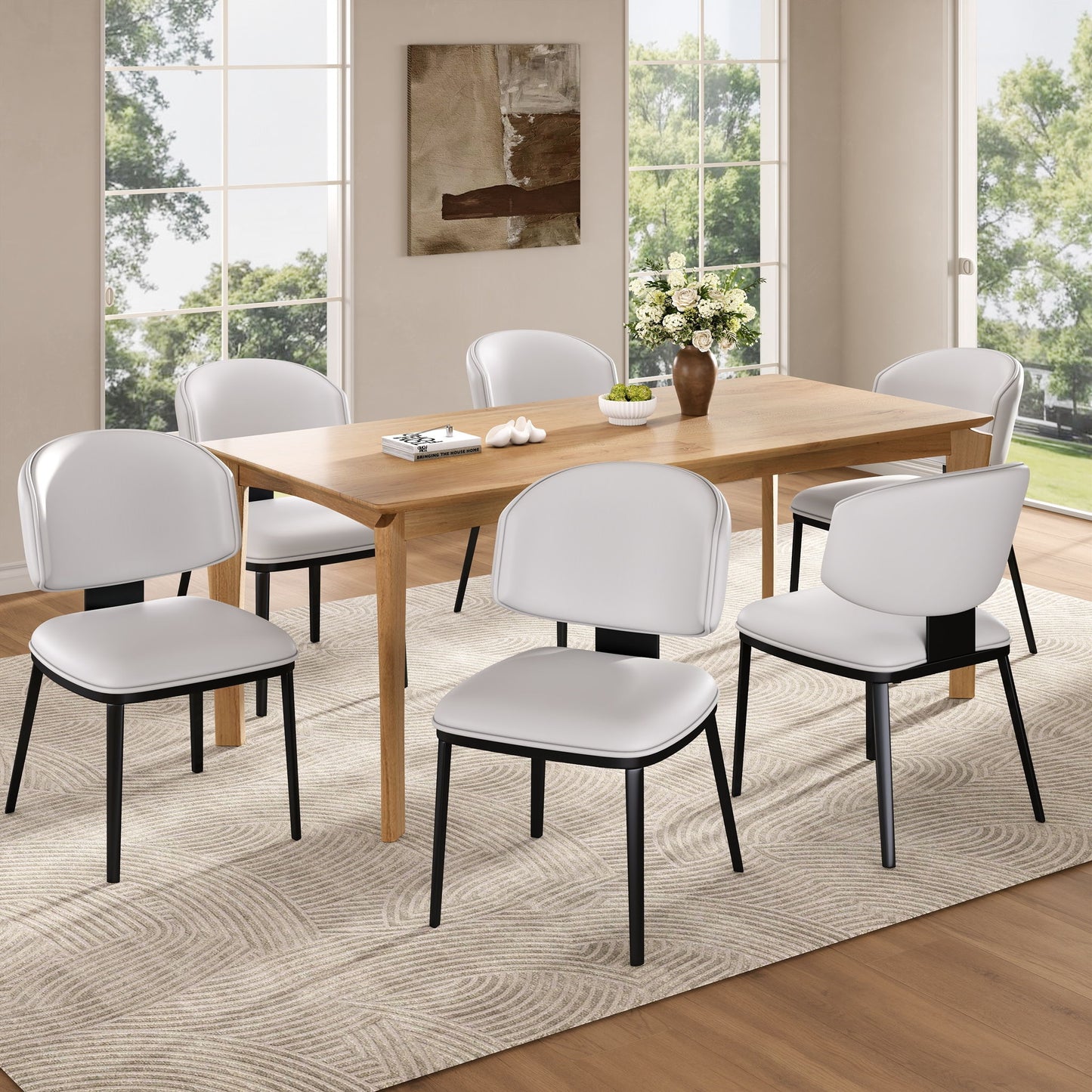 7 Pieces Contemporary Dining Set With Faux Leather Chairs Noble House
