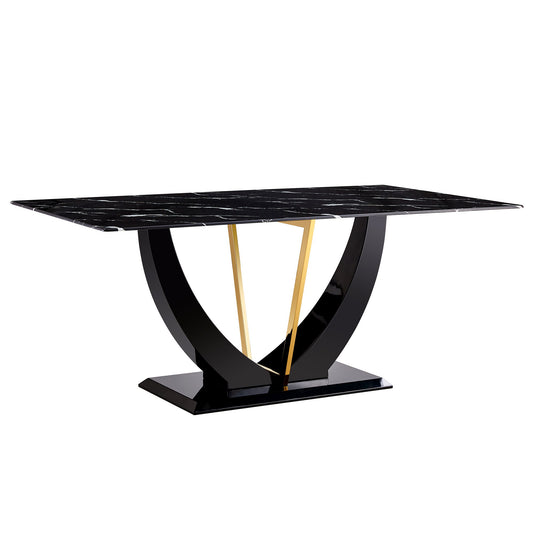 Modern Minimalist Luxurious Imitation Marble Dining Table Rectangular Office Desk With Tempered Glass - Black Home Essentials