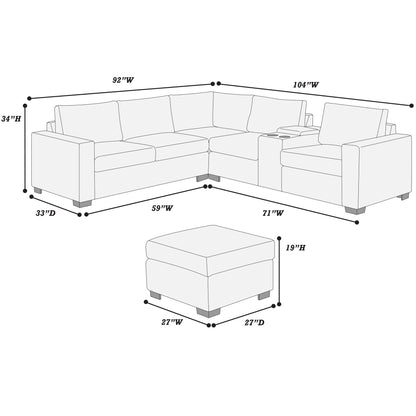 Contemporary L-Shaped Sectional Set With USB Console & Ottoman Home Essentials