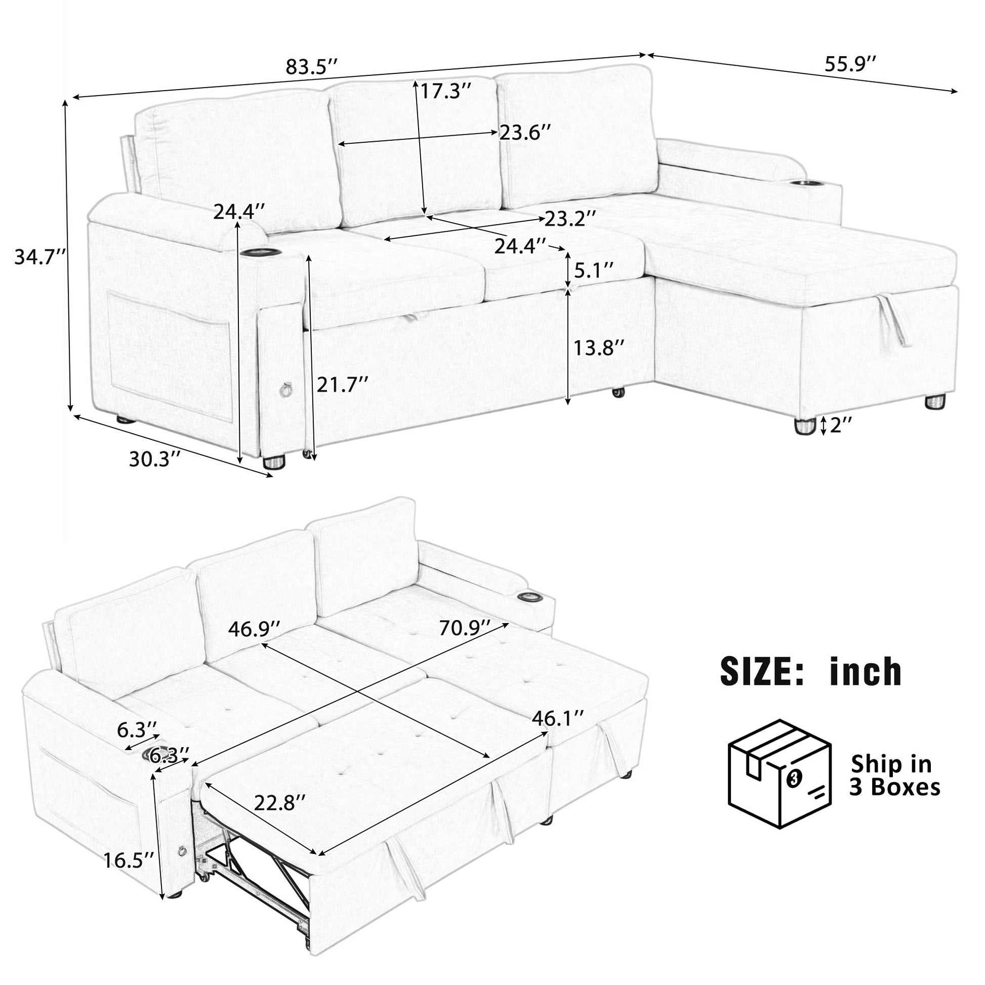 Convertible L Shaped Sofa Couch With Storage, Cup Holders, USB Ports Hearth and Haven