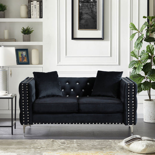 Wide Sofa With Jeweled Buttons Square Arm, 2 Pillows Home Essentials