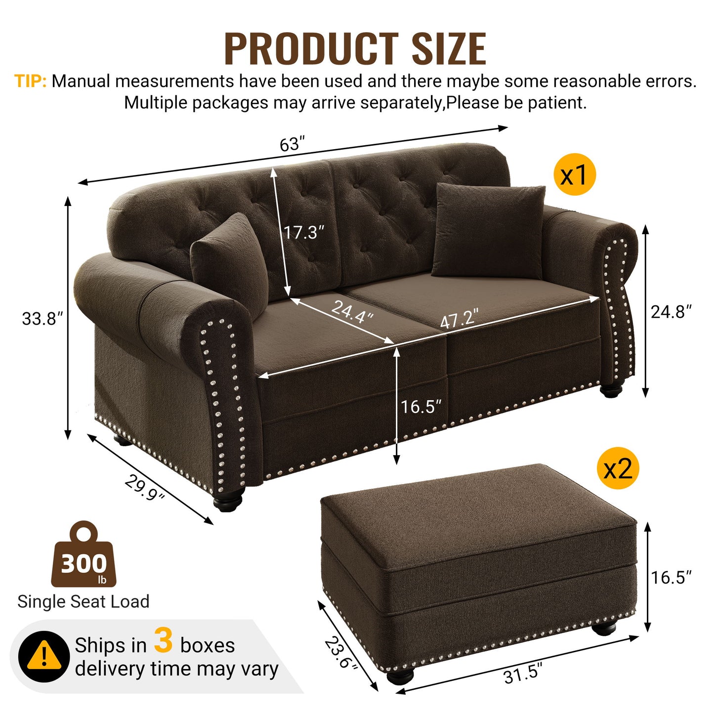 Upholstered Sofa Set With Nailhead Trim And Rolled Armrests, Includes Pillows Home Essentials