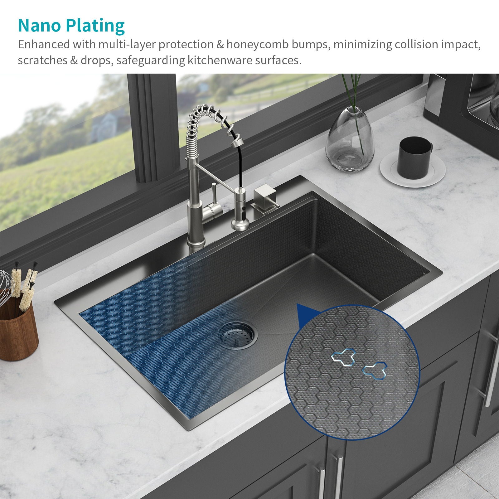 33" Drop In Kitchen Sink With Ledge Workstation, 16 Gauge Stainless Steel - Gunmetal Black Daily Nest
