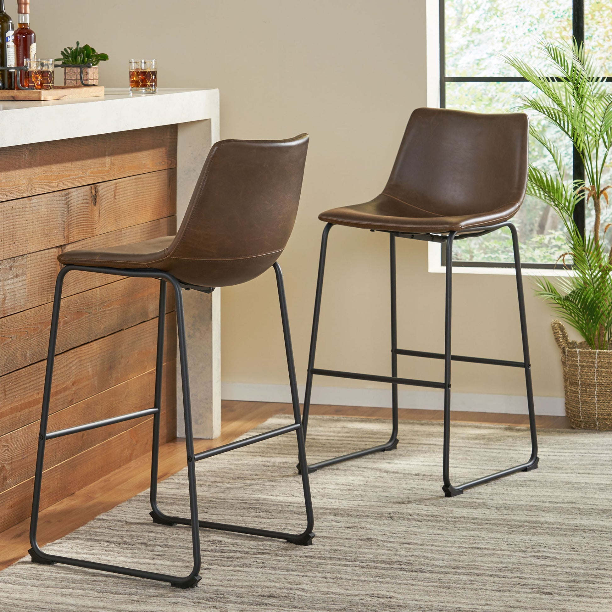 Barstool With Upholstery And Foot Rail - Vintage Brown Noble House