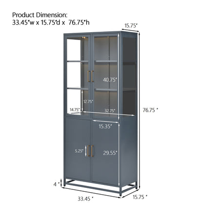 Modern Style Tall Steel Display Cabinet With Double Glass Doors, LED Lights Hearth and Haven
