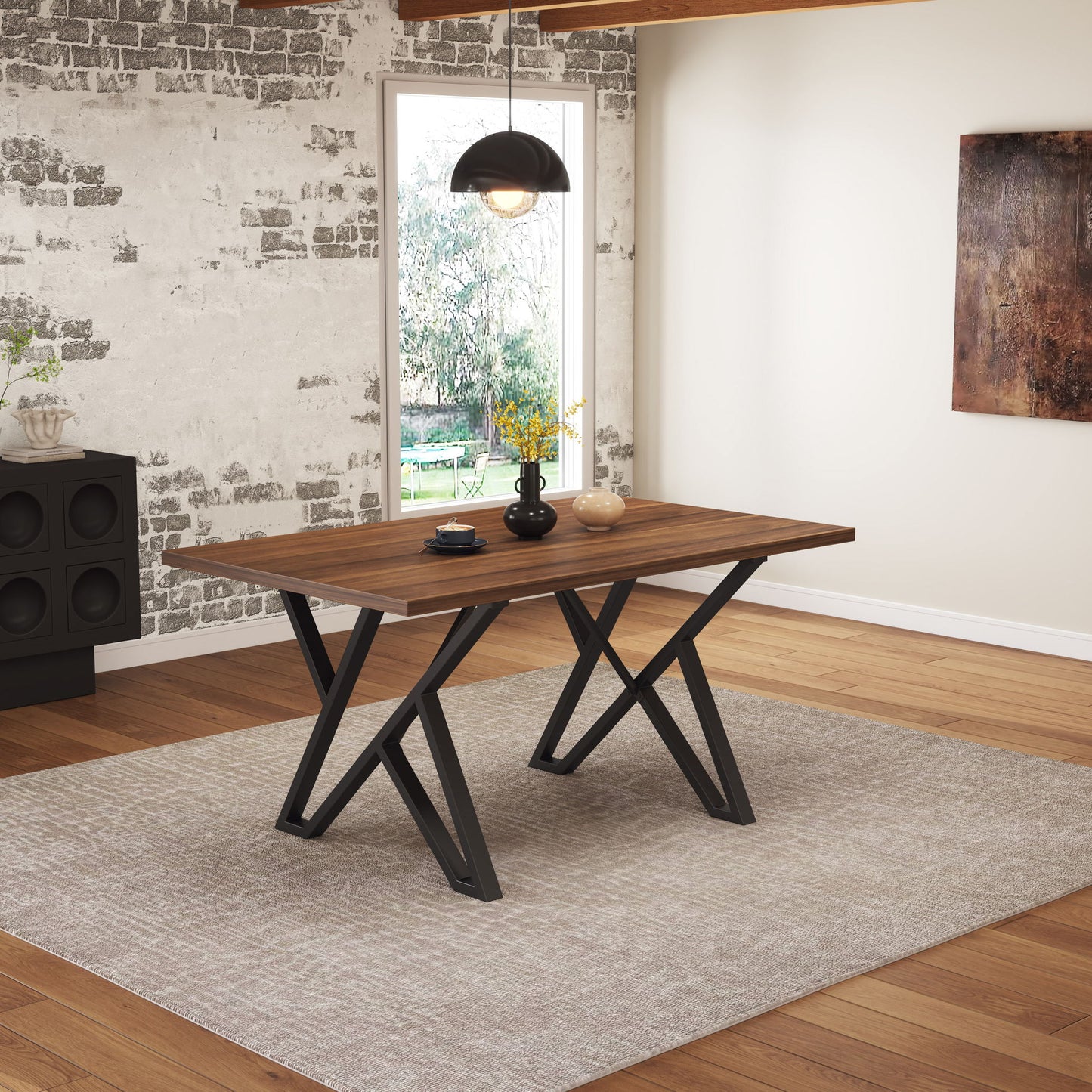 Industrial Style Indoor Dining Table With Metal Legs - Walnut / Black Noble House